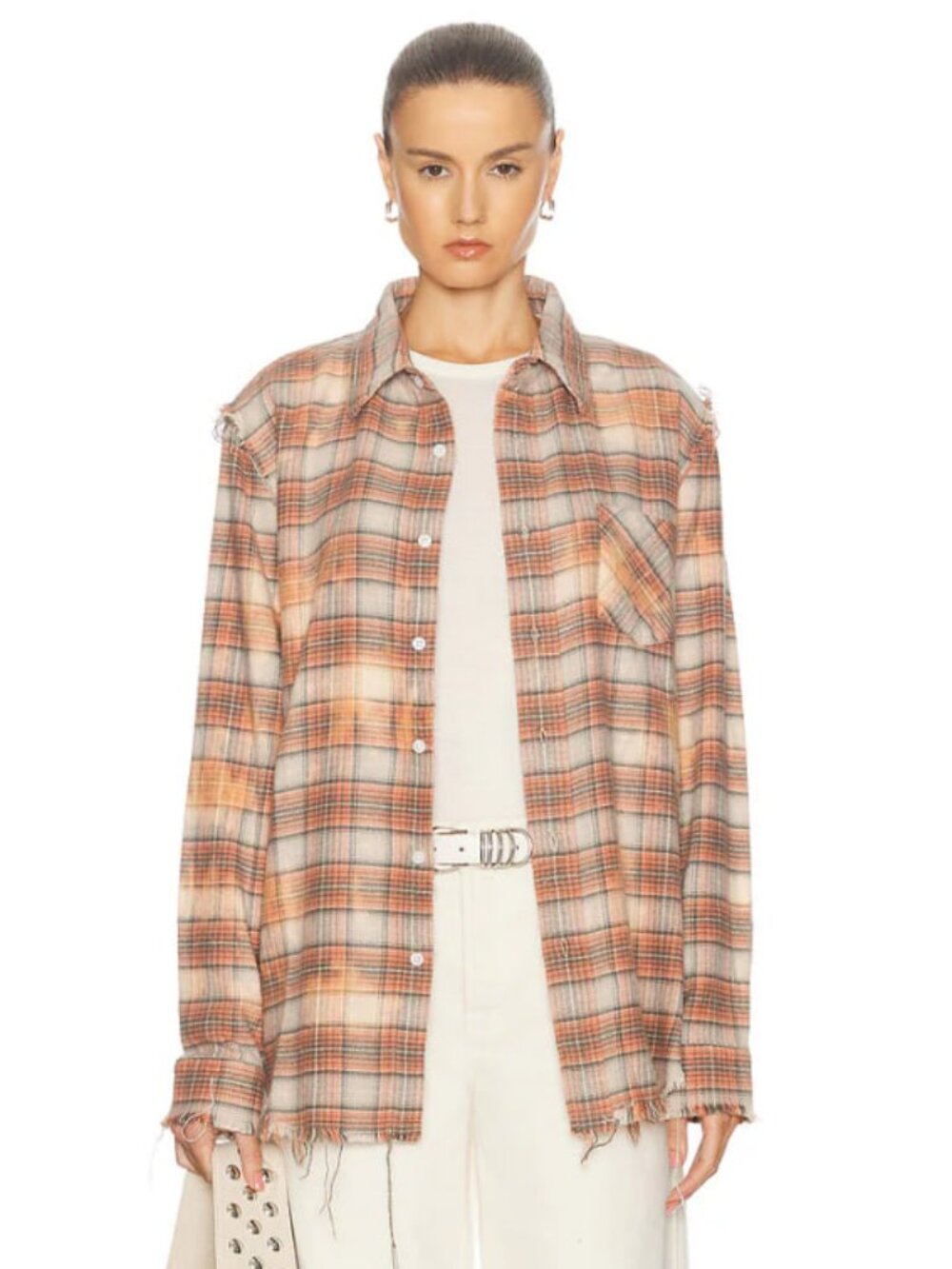 R13 Shredded Seam Bleach Orange Plaid M